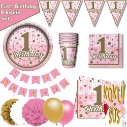 1 Yaş First Birthday 8 Kişilik Parti Seti Pembe