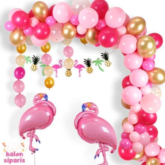 Flamingo Zincir Balon ve Flamingo Doğum Günü Balonu Komibini Seti