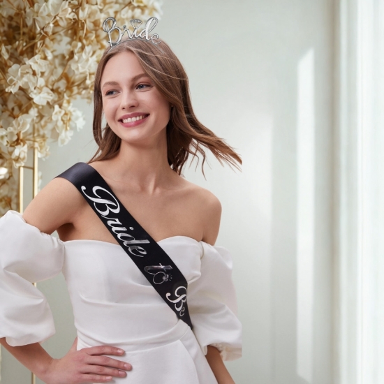 Bride To Be Kuşak ve Taç Set Siyah Gümüş