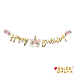 Unicorn Happy Bırhtday Çiçekli Kaligrafi Banner