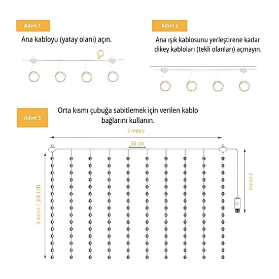 USB Girişli Kumandalı 300 LED Peri Işığı – 3x3m Rengarenk Dekoratif Perde Işık USB Girişli Kumandalı 300 LED Peri Işığı – 3x3m Rengarenk Dekoratif Perde Işık