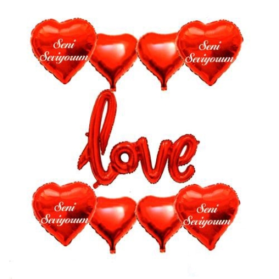 Love Seni Seviyorum Folyo Balon Set Kırmızı (9 Adet)