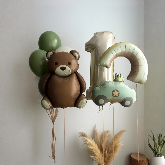 Krem Ayıcık ve 1 Yaş Temalı Helyumlu Uçan Balon Seti – Safari Konsept Doğum Günü Süsleme
