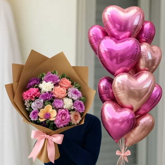 Kalp Balon ve Çiçek Buketi Seti