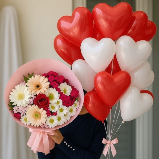 Kalp Balonlu Çiçek Buketi – Kırmızı Beyaz Romantik Hediye