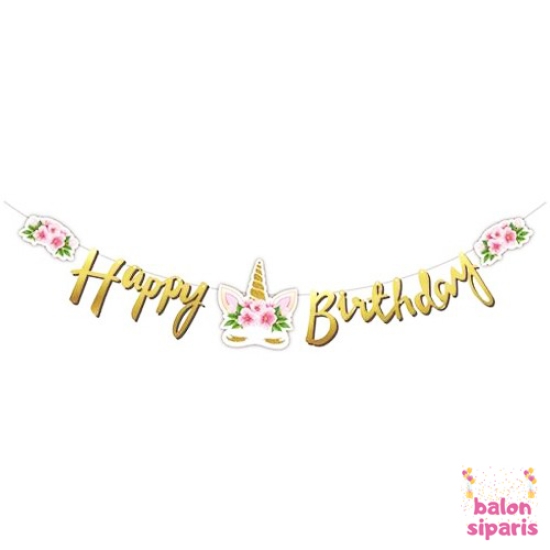 Unicorn Çiçekli  Kaligrafi Happy Birthday Yazısı 120 cm