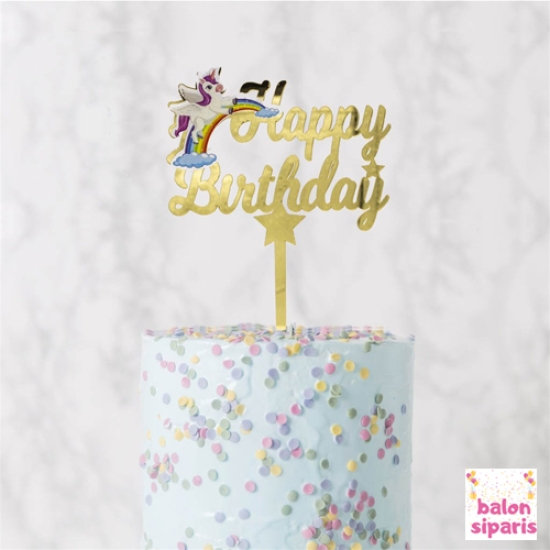 Unicorn Happy Birthday Pasta Üzeri Pleksi Yazı Altın