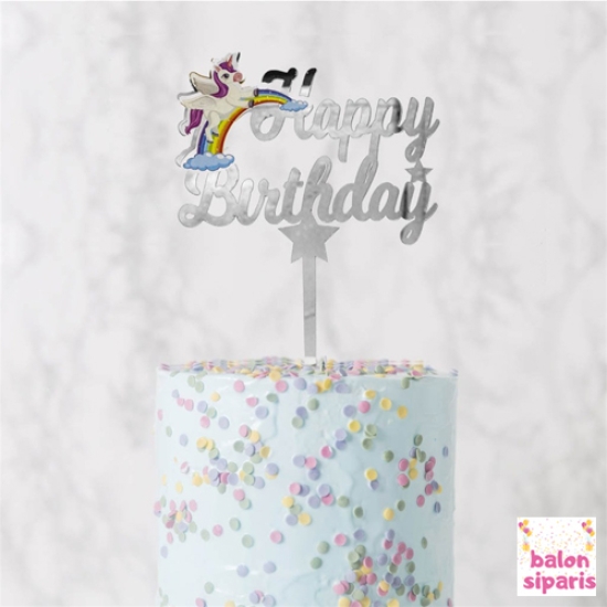 Unicorn Happy Birthday Pasta Üzeri Pleksi Yazı Gümüş