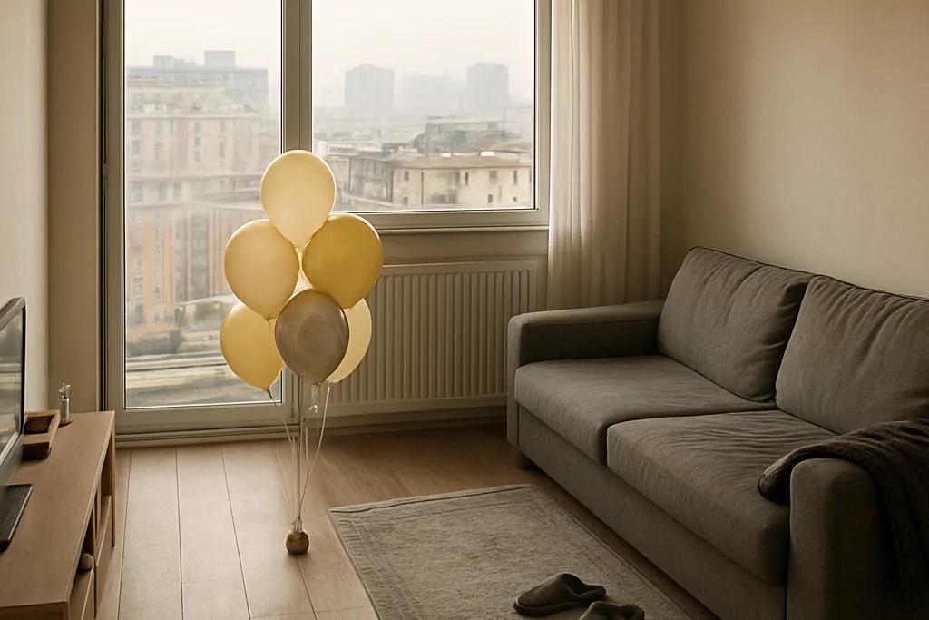 Ataşehir'de yüksek katlı bir apartman dairesinin salonunda, pencereden puslu kule siluetleri görünen ortamda yere sabitlenmiş ivory ve krom helyumlu balon demeti