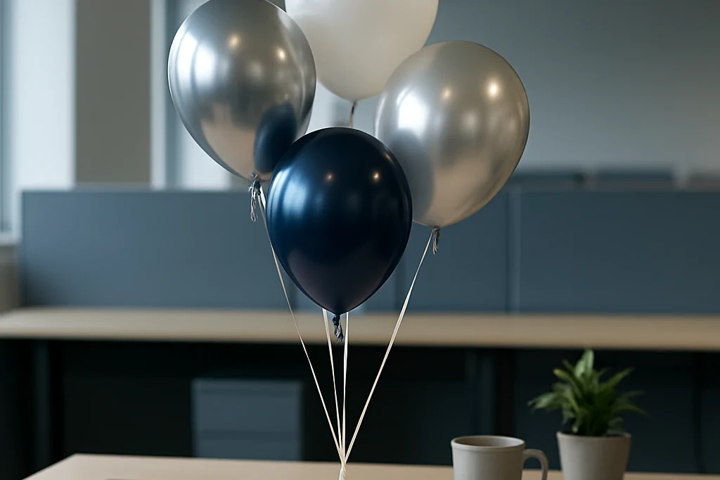Ataşehir'de bir ofis katında çalışma masasının ucuna metal ağırlıkla sabitlenmiş krom ve beyaz helyumlu balon demeti