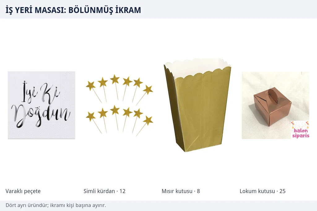 İş yeri masası için dört kalemlik örnek kombinasyon Varaklı gümüş peçete, altın simli kürdan seti, altın mısır kutusu ve rosegold lokum kutusundan oluşan dört parçalı ürün grubu