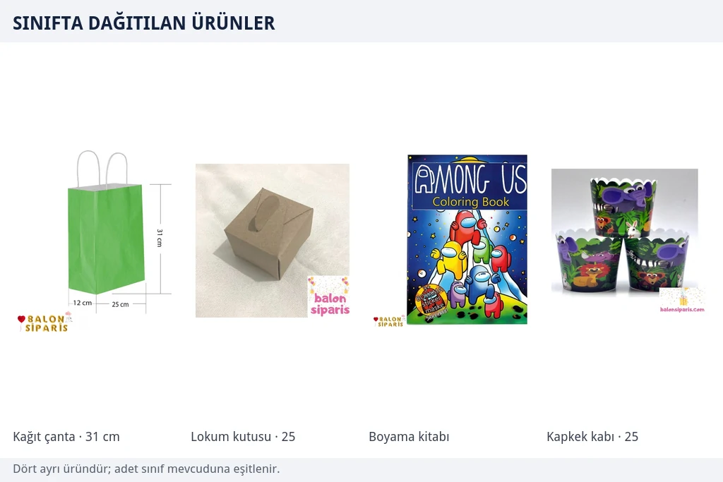 Sınıfta dağıtılan ürünlerden dört kalemlik örnek kombinasyon Mint yeşili büküm saplı kağıt çanta, kraft lokum kutusu, stickerlı boyama kitabı ve safari desenli kapkek kabından oluşan dört parçalı ürün grubu