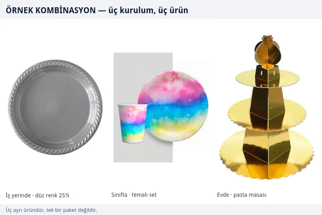 Aynı kutlamanın üç ayrı kurulumu için üç örnek ürün Gümüş plastik tabak, gökkuşağı desenli karton tabak bardak seti ve üç katlı altın kek standından oluşan üç parçalı örnek kombinasyon