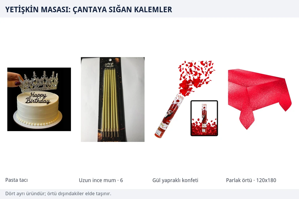 Yetişkin kutlaması için dört kalemlik örnek kombinasyon Gümüş mika pasta tacı, yirmi santimlik altın uzun ince mum seti, gül yapraklı konfeti ve kırmızı parlak masa örtüsünden oluşan dört parçalı ürün grubu