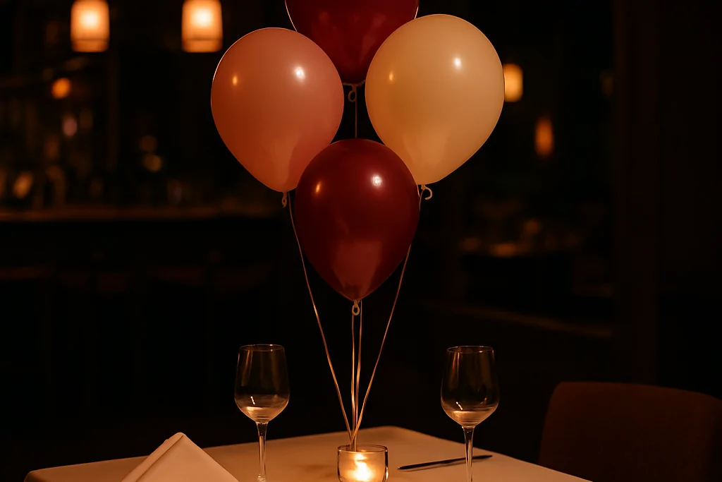 Ataşehir'de bir restoran masasında masa hizasında tutulan ve ağırlıkla sabitlenmiş küçük helyumlu balon demeti ile mum ışığı