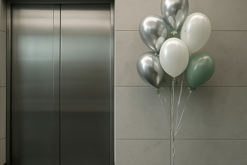 Ataşehir'de yüksek katlı bir rezidansın asansör holünde tavana yükselen ve ipleri toplanmış helyumlu balon demeti