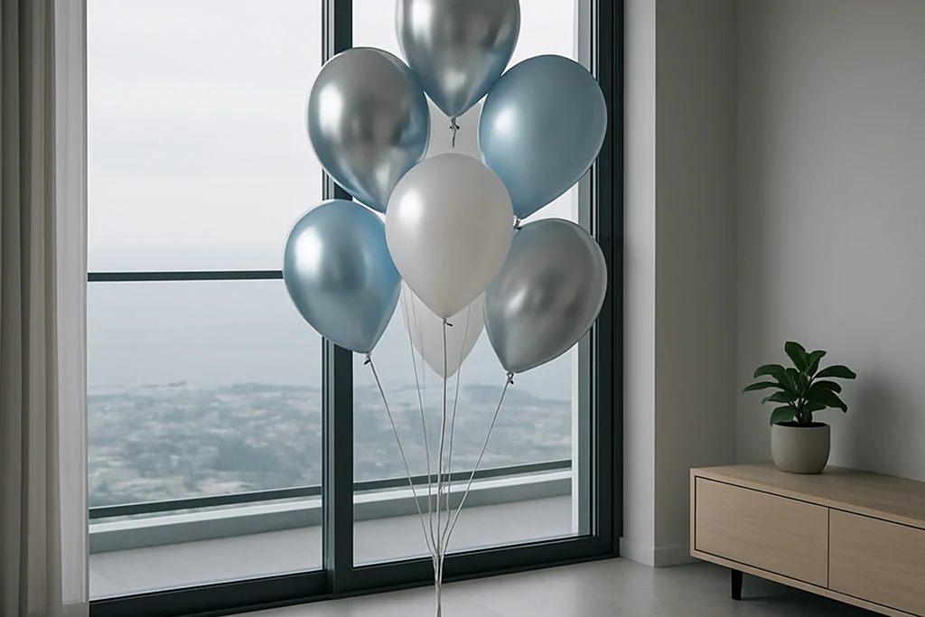 Ataköy'de yüksek katlı bir rezidans dairesinde kapalı balkon camının önünde ağırlıkla sabitlenmiş krom, beyaz ve açık mavi helyumlu balonlar