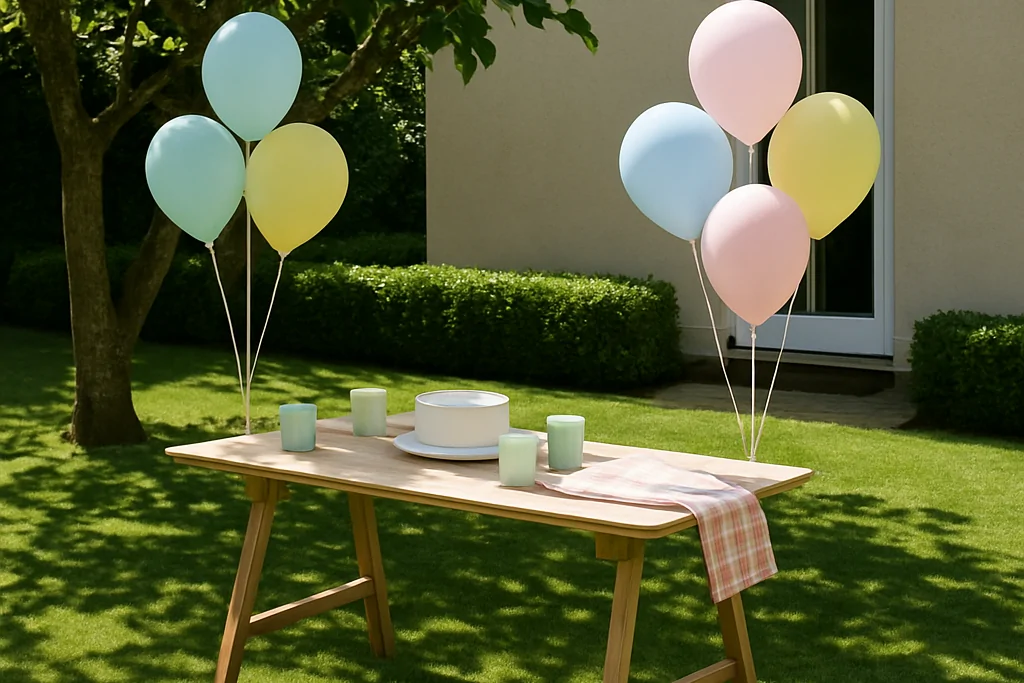 Florya'da bahçeli bir evin bahçesinde ahşap masanın ayaklarına kısa iplerle bağlanmış mint, sarı, pembe ve mavi tonlarında helyumlu balon demetleri