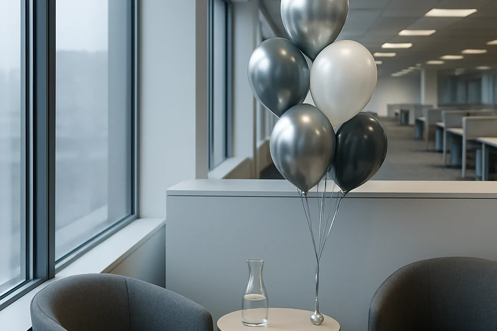 Bakırköy'de bir ofis katında karşılama bankosunun ucuna ağırlıkla sabitlenmiş gümüş, beyaz ve antrasit helyumlu balon demeti