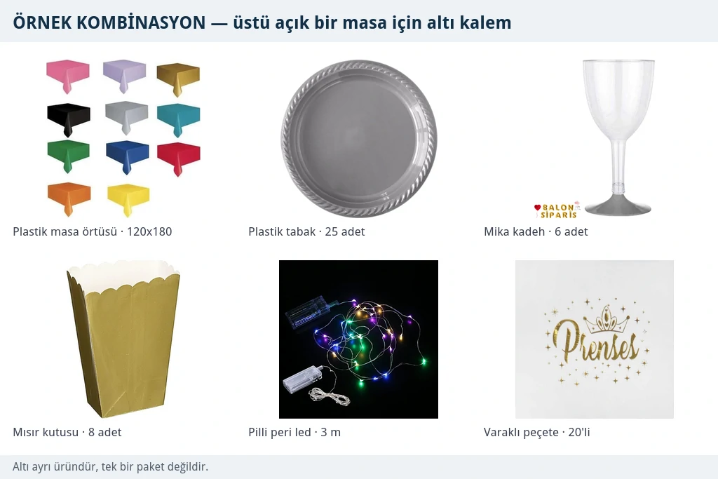 Üstü açık bir masa için altı kalemlik örnek kombinasyon Plastik masa örtüsü, plastik tabak, mika kadeh, mısır kutusu, pilli peri led ve varaklı peçeteden oluşan altı parçalı örnek kombinasyon
