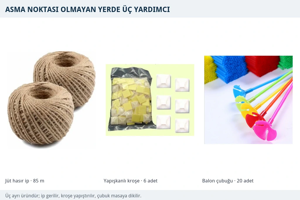 Asma ve sabitleme için üç yardımcı malzeme İki yumak jüt hasır ip, yapışkanlı kroşe seti ve renkli balon çubukları