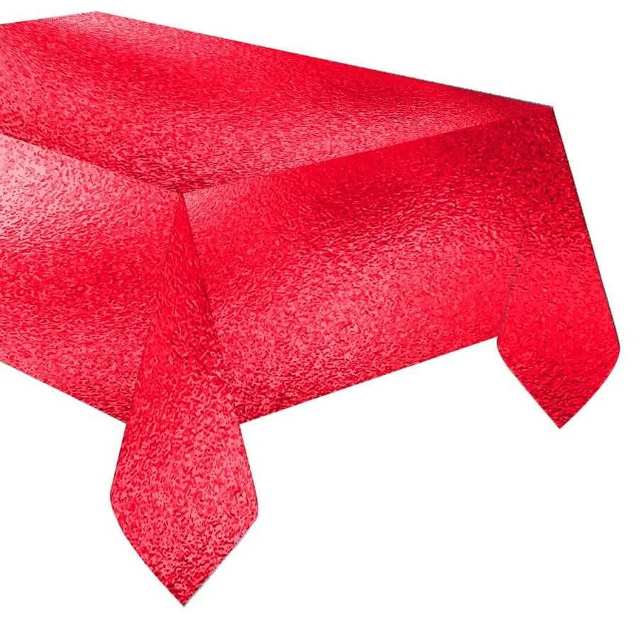 Parlak Masa Örtüsü Kırmızı 120x180 cm Bir masanın üzerine serilmiş, köşeleri sarkan kırmızı parlak plastik masa örtüsü