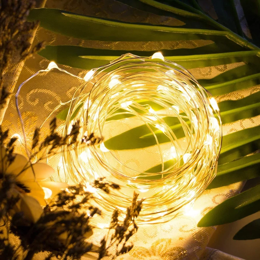 Peri Led 3 Metre Pilli Gün Işığı Akşam ışığında kuru otların arasında duran, ince telli ve sarı ışıklı peri led dizisi