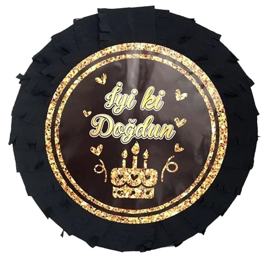 İyiki Doğdun Altın Pinyata 42 cm Altın yaldızlı İyi ki Doğdun baskılı, siyah püsküllü yuvarlak pinyata