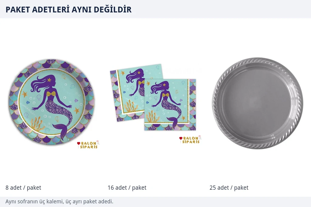 Sekizli karton tabak paketi, on altılı peçete paketi ve yirmi beşli plastik tabak paketinin yan yana karşılaştırıldığı görsel