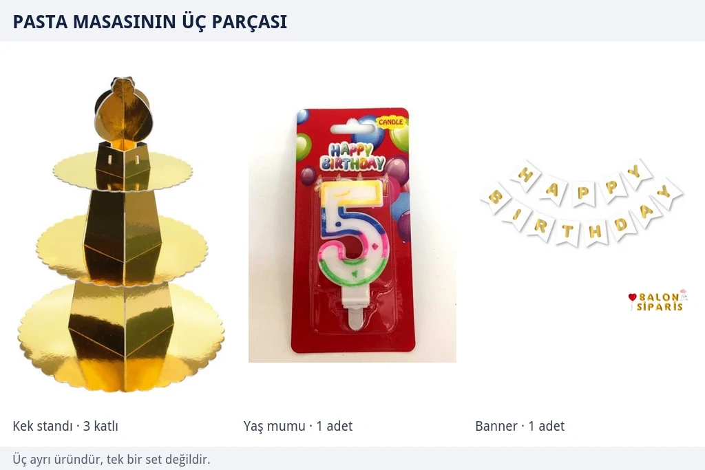 Üç katlı altın renkli karton kek standı, blister ambalajlı beş yaş mumu ve beyaz zemin üzerine gold Happy Birthday banner