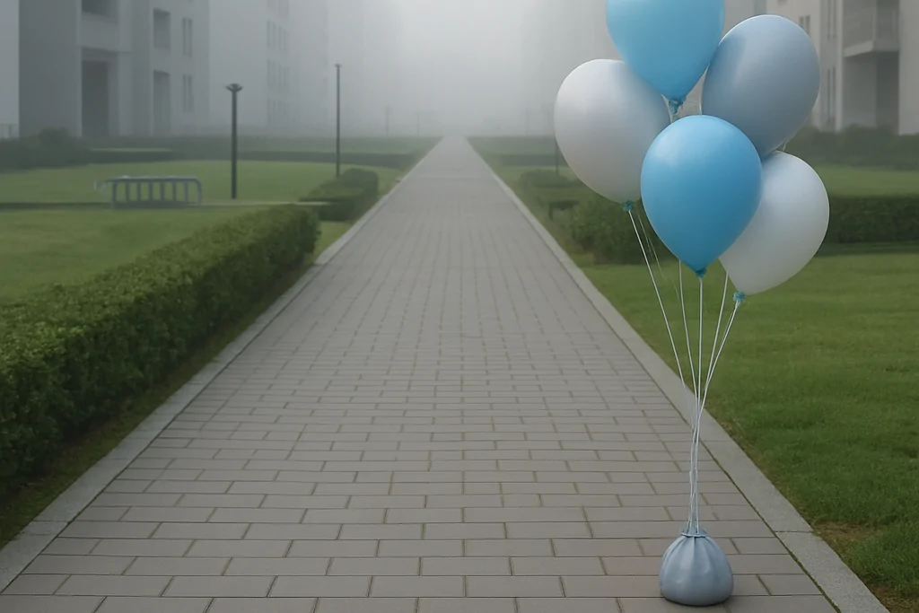 Başakşehir'de büyük bir sitenin peyzajlı iç yürüyüş yolunda, uzaktaki blok girişlerine bakan açıda ağırlığa bağlanmış helyumlu balon demeti