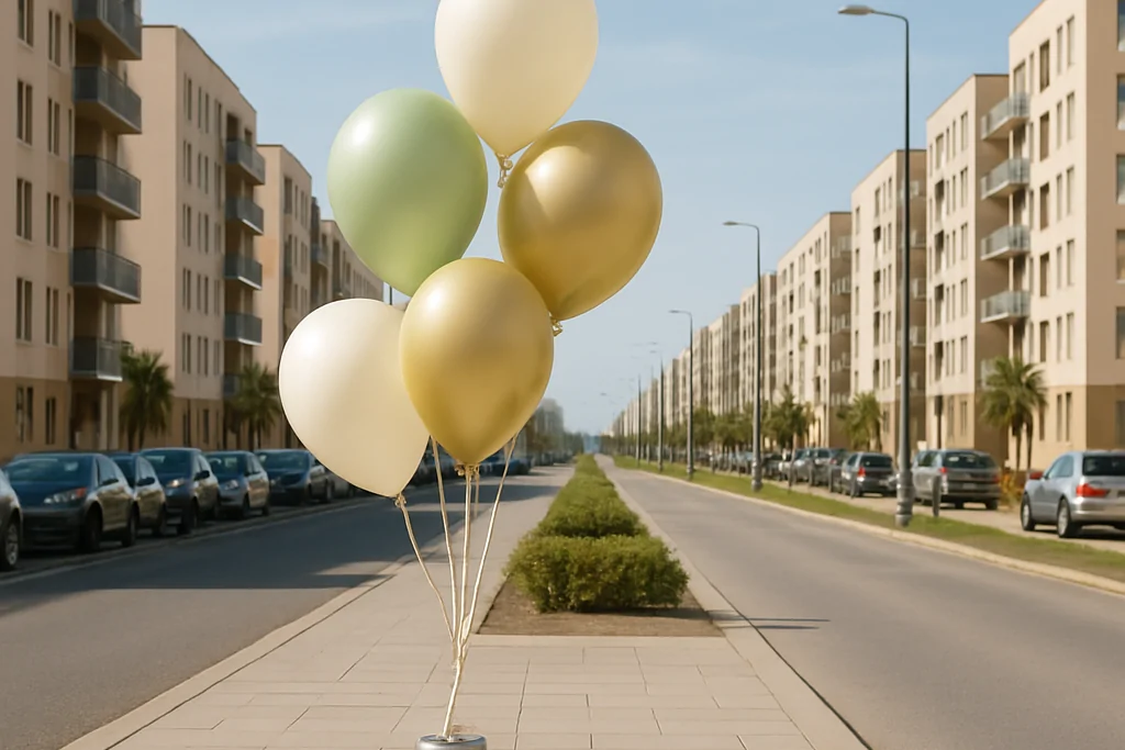 Başakşehir'de birbirinin aynı konut bloklarının sıralandığı geniş bir bulvarda kaldırıma ağırlıkla sabitlenmiş helyumlu balon demeti