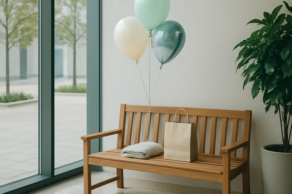 Aydınlık bir binanın giriş holünde ahşap bankta duran hediye çantası ve battaniyenin yanında, pastel tonlarda üç adetlik küçük helyumlu balon demeti