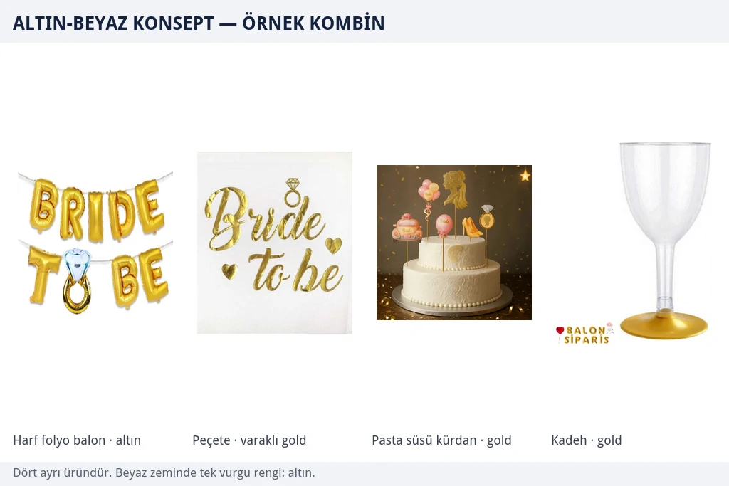 Altın-beyaz konsept için altın Bride To Be harf folyo balon dizisi, varaklı altın peçete, altın pasta süsü kürdan ve altın tabanlı mika kadeh