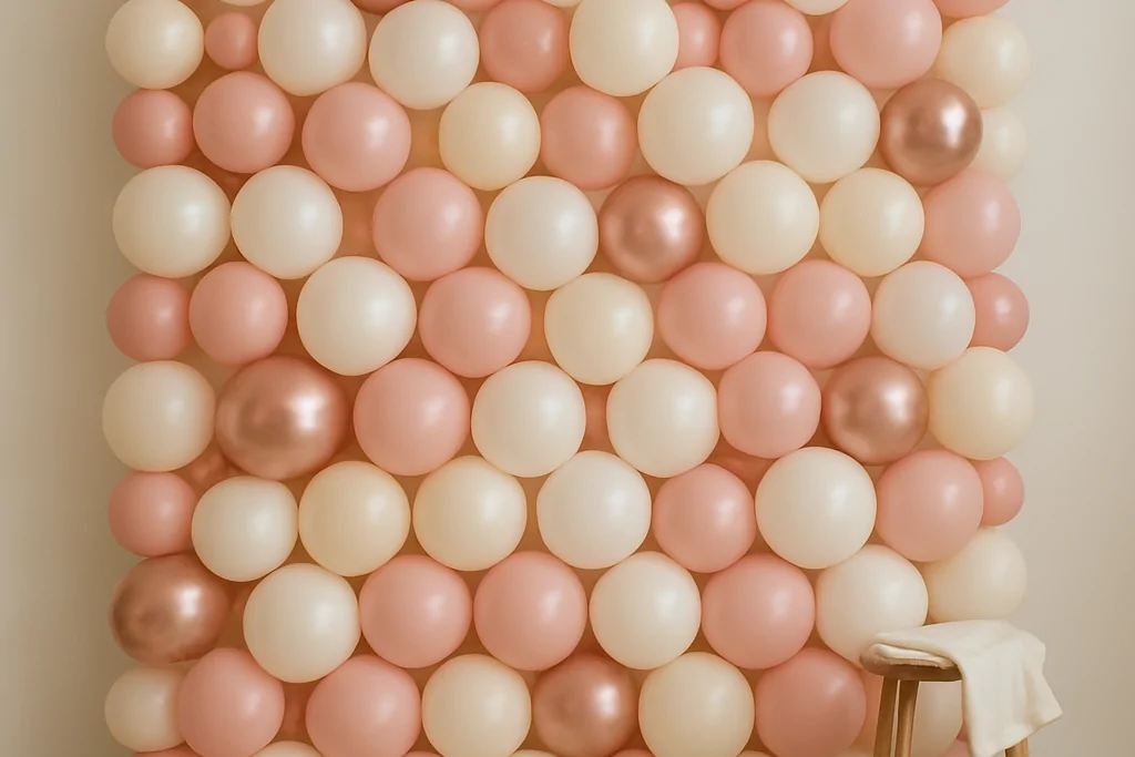 Pembe, krem ve rose gold balonların aralıksız dizilmesiyle oluşturulmuş, iki metre genişliğinde bir fotoğraf çekim arka planı