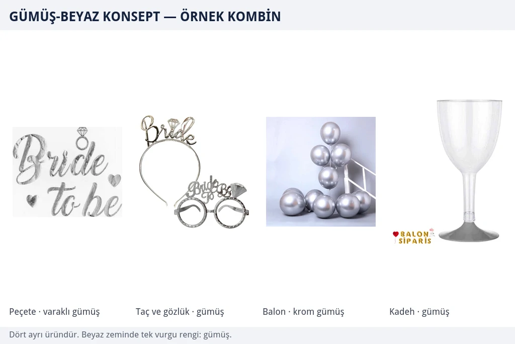 Beyaz zeminde yan yana dizilmiş dört gümüş bekarlığa veda ürünü: varaklı gümüş Bride To Be peçete, gümüş taç ve gözlük seti, krom gümüş balonlar ve gümüş tabanlı mika kadeh