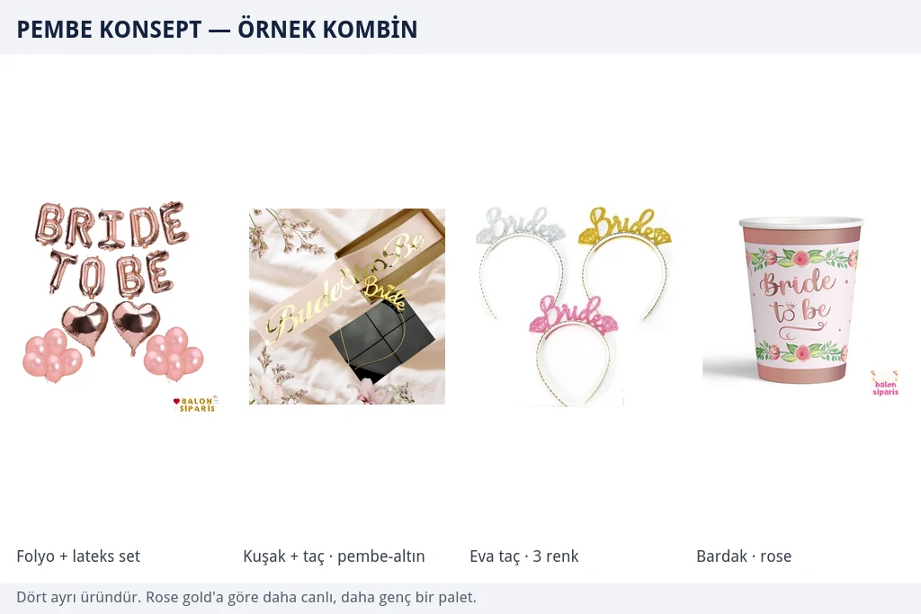 Pembe konsept için folyo ve lateks karma balon seti, pembe-altın kuşak ve taç seti, üç renkli eva taç ve Bride To Be desenli rose karton bardak