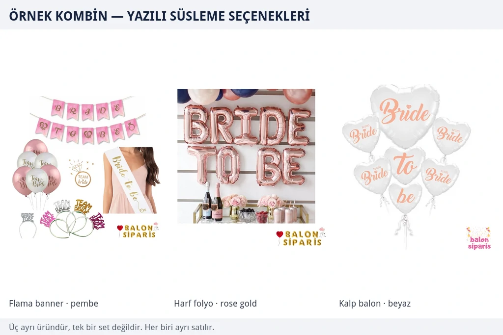 Pembe flama banner, rose gold Bride To Be harf folyo balon dizisi ve beyaz Bride yazılı kalp balon setinden oluşan üç ayrı yazılı süsleme örneği