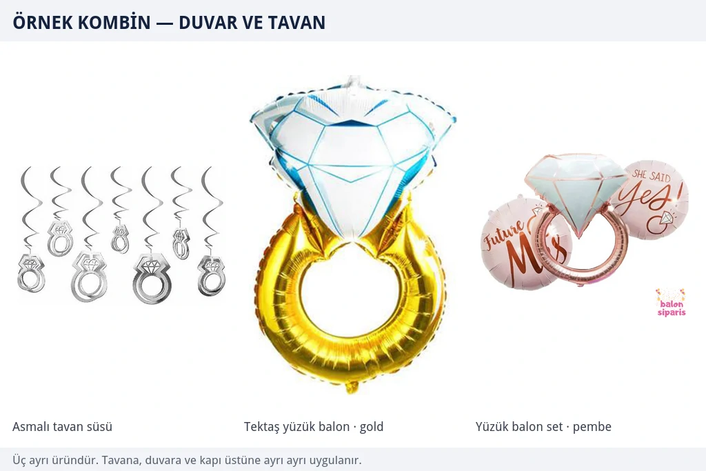 Gümüş yüzük figürlü asmalı tavan süsü, altın tektaş yüzük folyo balon ve pembe yüzük balon setinden oluşan duvar ve tavan süsleme örnekleri