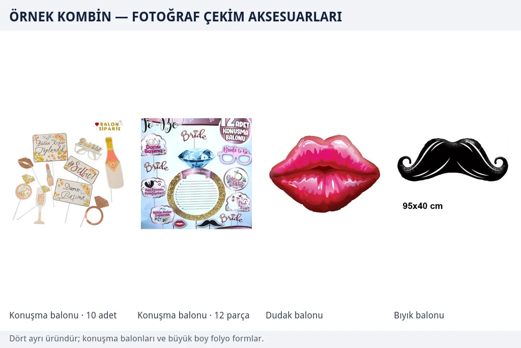 Çubuklu konuşma balonu setleri, büyük boy kırmızı dudak folyo balonu ve siyah bıyık folyo balonundan oluşan fotoğraf çekim aksesuarları
