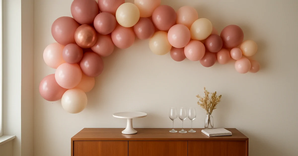 Bir daire salonunda duvara tutturulmuş dağınık formlu pembe, krem ve rose gold balon zinciri, altında sade bir konsol ve boş pasta standı