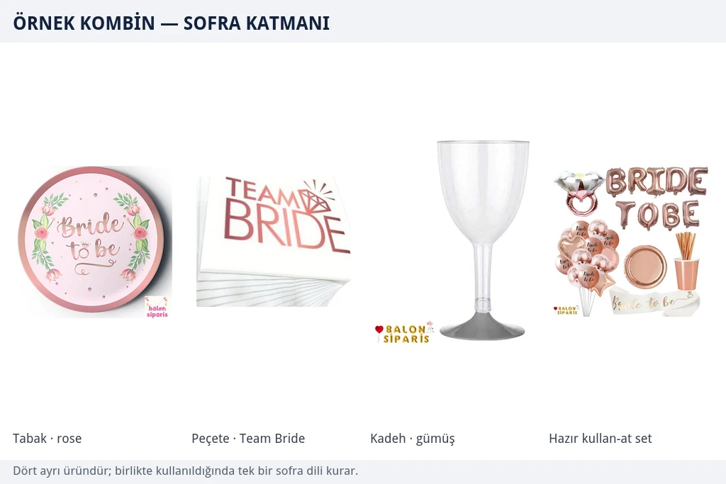 Bride To Be desenli rose karton tabak, Team Bride yazılı peçete, gümüş tabanlı mika kadeh ve hazır rose gold kullan-at setinden oluşan sofra katmanı örneği