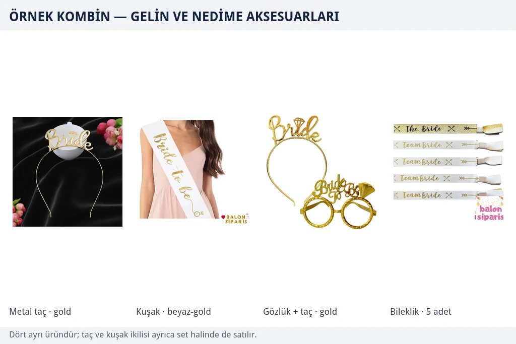 Altın Bride metal taç, beyaz üzeri altın yaldızlı Bride To Be kuşak, yüzük formlu altın parti gözlüğü ve Team Bride yazılı bileklik seti