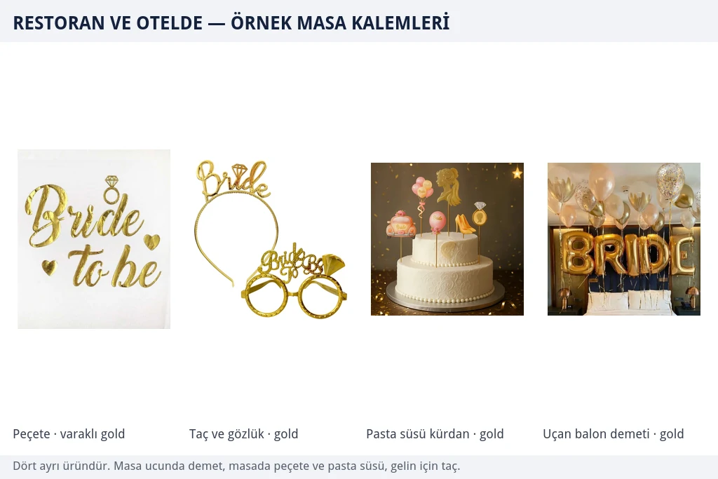 Restoran masası için bekarlığa veda kalemleri: varaklı gold peçete, bride taç ve gözlük, pasta süsü kürdanı ve gold uçan balon demeti — dört ayrı ürün