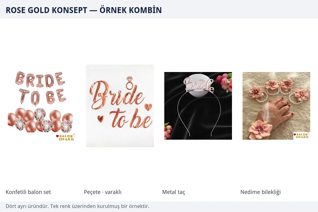 Rose gold konsept için konfetili folyo balon seti, varaklı rose gold peçete, rose gold Bride metal taç ve çiçekli nedime bilekliği