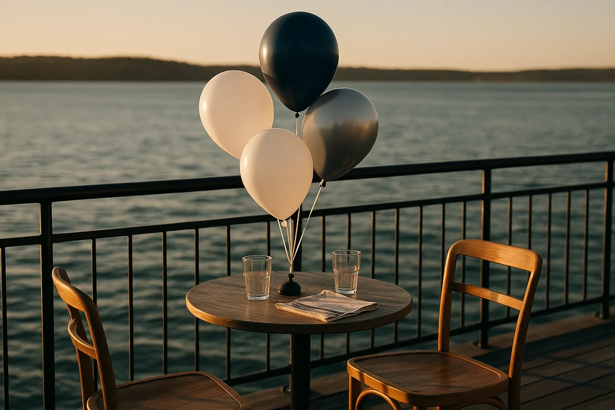 Boğaz kıyısındaki bir terasta masaya ağırlıkla sabitlenmiş helyumlu balonlar, akşamüstü ışığı