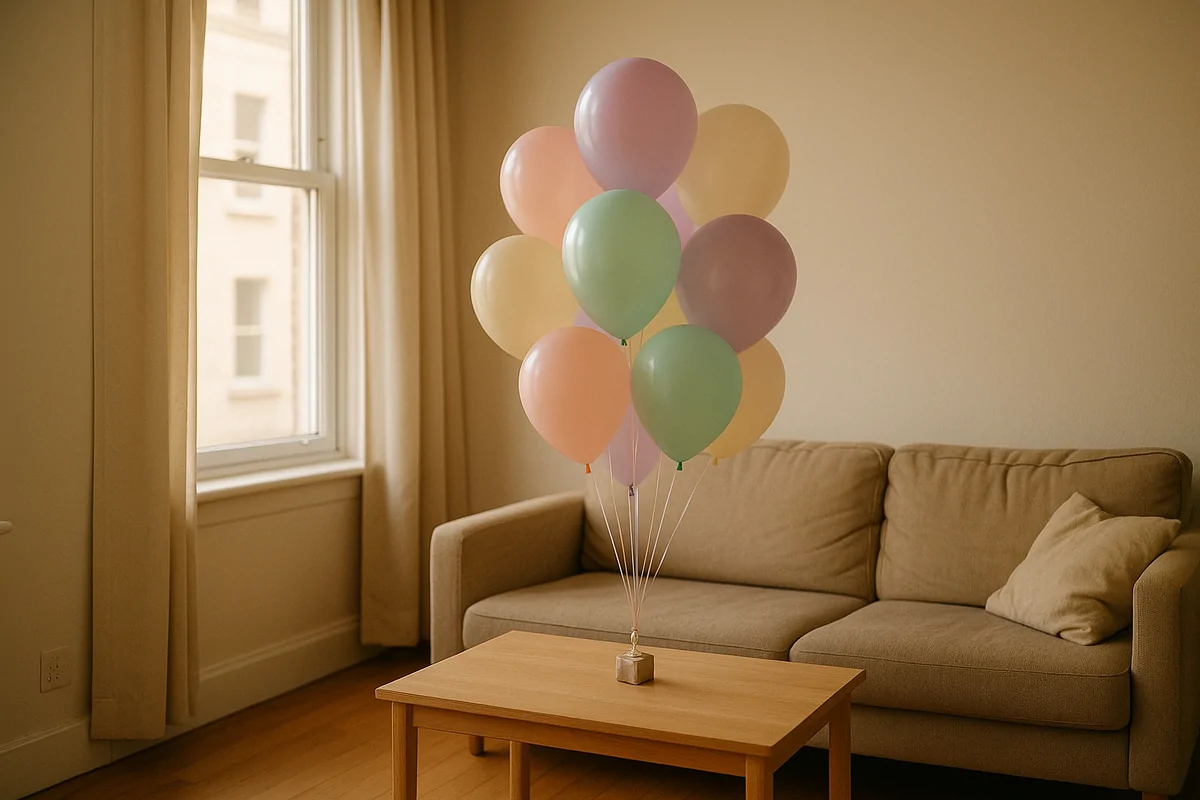 Küçük bir dairenin pencere önünde pastel ve makaron tonlarında helyumlu balon demeti
