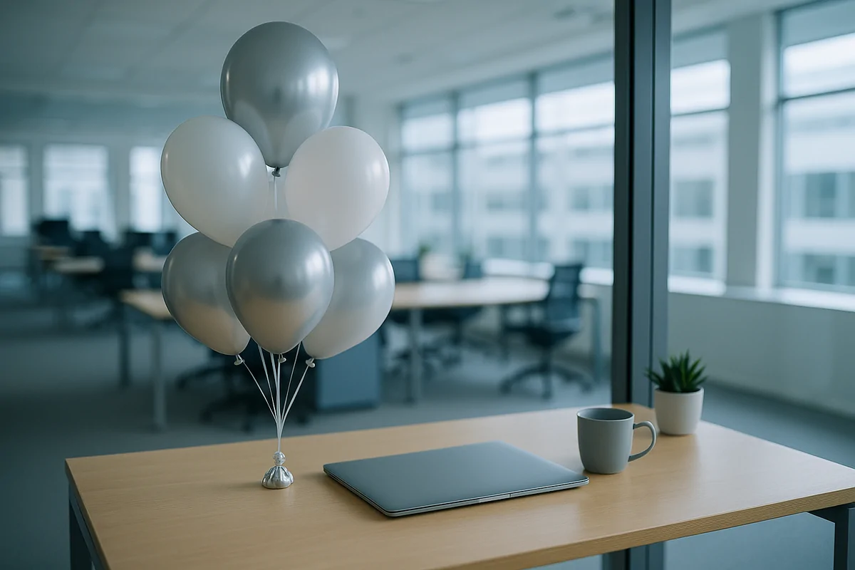 Modern bir ofis çalışma masasında ağırlıkla sabitlenmiş helyumlu balon demeti ve cam bölme