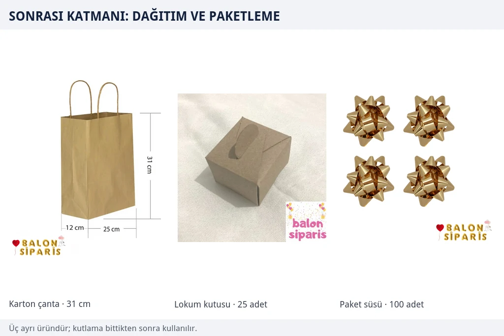 Dağıtım ve paketleme için üç ürün Kraft renkli 31 santimetre karton çanta, kraft lokum kutusu ve altın renkli metalik hediye paketi süslerinden oluşan üç parçalı paketleme grubu