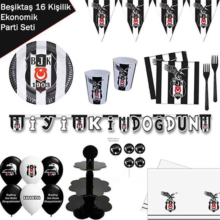 On altı kişilik bir setin içinden neler çıkar On altı kişilik lisanslı parti setinin içeriği: siyah beyaz tabaklar, bardaklar, peçeteler, çatallar, flama, iyi ki doğdun yazısı, kek standı, baskılı balonlar ve masa örtüsü